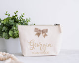 Personalised Canvas Wash Bag with Bow ~  Make Up Bag ~ Accessory Pouch ~ Hen Party ~ Bride ~ Bride to Be ~ Bridesmaid ~ Maid of Honour Gift