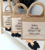 Personalised Hen Party Canvas Jute Pocket Gift Bag ~ Hangover Kit ~ Bride to Be ~ Bridesmaid  ~ Maid of Honour  ~ with Hairband & Eyemask