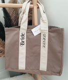 Personalised Bridal Canvas Tote ~ Taupe or Black with Natural Stripe ~ Hen Party, Wedding Gift, Wedding Morning Honeymoon ~ Bride, Wifey