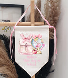 Personalised Starting School, Nursery, Playgroup Canvas Pennant Flag ~ School Items Rucksack, Globe, Bow ~ Pretty Pink Ribbons ~ Photo Prop