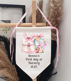 Personalised Starting School, Nursery, Playgroup Canvas Pennant Flag ~ School Items Rucksack, Globe, Bow ~ Pretty Pink Ribbons ~ Photo Prop
