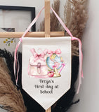 Personalised Starting School, Nursery, Playgroup Canvas Pennant Flag ~ School Items Rucksack, Globe, Bow ~ Pretty Pink Ribbons ~ Photo Prop