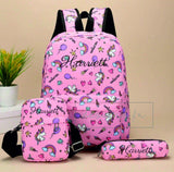 Personalised Unicorn, Rainbow & Hearts Rucksack, Crossover/Small Bag, Pencil Case, Set of 3  ~ Gift for Girl~ Back to School Bags Backpack