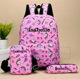 Personalised Unicorn, Rainbow & Hearts Rucksack, Crossover/Small Bag, Pencil Case, Set of 3  ~ Gift for Girl~ Back to School Bags Backpack