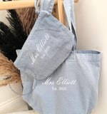 Personalized Bride Tote Bag • Mrs & Est Year Canvas Make Up Bag • Custom Mrs Name • Honeymoon Travel Beach • Bachelorette Blue Washed Denim