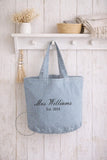 Personalized Bride Tote Bag • Mrs & Est Year Canvas Make Up Bag • Custom Mrs Name • Honeymoon Travel Beach • Bachelorette Blue Washed Denim