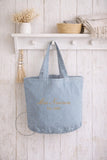 Personalized Bride Tote Bag • Mrs & Est Year Canvas Make Up Bag • Custom Mrs Name • Honeymoon Travel Beach • Bachelorette Blue Washed Denim