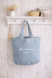 Personalized Bride Tote Bag • Mrs & Est Year Canvas Make Up Bag • Custom Mrs Name • Honeymoon Travel Beach • Bachelorette Blue Washed Denim