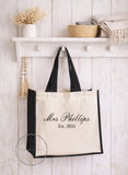 Personalised Bride Natural/Black Jute Bag  • Mrs & Est Year Canvas Make Up Bag • Custom Mrs Name • Honeymoon Travel Beach • Bachelorette