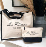 Personalised Bride Natural/Black Jute Bag  • Mrs & Est Year Canvas Make Up Bag • Custom Mrs Name • Honeymoon Travel Beach • Bachelorette