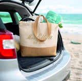 Personalized Bride Tote Bag • Mrs & Est Year Canvas and Jute Shopper • Custom Mrs Name • Honeymoon Travel Beach • Bachelorette