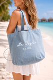 Personalized Bride Tote Bag • Mrs & Est Year Canvas Make Up Bag • Custom Mrs Name • Honeymoon Travel Beach • Bachelorette Blue Washed Denim