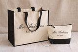 Personalised Bride Natural/Black Jute Bag  • Mrs & Est Year Canvas Make Up Bag • Custom Mrs Name • Honeymoon Travel Beach • Bachelorette