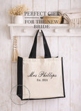 Personalised Bride Natural/Black Jute Bag  • Mrs & Est Year Canvas Make Up Bag • Custom Mrs Name • Honeymoon Travel Beach • Bachelorette
