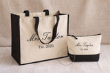 Personalised Bride Natural/Black Jute Bag  • Mrs & Est Year Canvas Make Up Bag • Custom Mrs Name • Honeymoon Travel Beach • Bachelorette