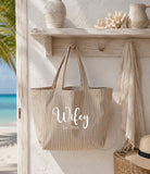 Personalised Wifey Beach Bag | Navy Stripe or Biscuit Stripe Tote Bag | Custom New Mrs Gift | Honeymoon Tote | Bridal Beach Bag | Est Year