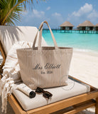Personalised Mrs Beach Bag | Biscuit Stripe Oversized Tote | Honeymoon Bride Gift