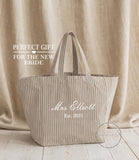 Personalised Mrs Beach Bag | Biscuit Stripe Oversized Tote | Honeymoon Bride Gift