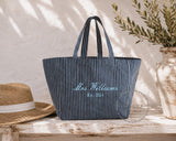 Personalised Bridal Beach Bag | Mrs Tote Bag | Biscuit Stripe Oversized Wedding Tote | Honeymoon Bag | Bride Gift | Bridesmaid Beach Bag