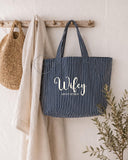 Personalised Wifey Beach Bag | Navy Stripe or Biscuit Stripe Tote Bag | Custom New Mrs Gift | Honeymoon Tote | Bridal Beach Bag | Est Year