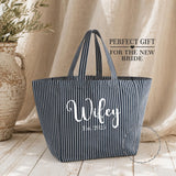 Personalised Wifey Beach Bag | Navy Stripe or Biscuit Stripe Tote Bag | Custom New Mrs Gift | Honeymoon Tote | Bridal Beach Bag | Est Year