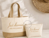Just Married Beach Bag Set | Personalised Tote Bag, Makeup Bag | Honeymoon Bag Gift | Mrs New Name | Est date/year | Bridal Wedding Gift