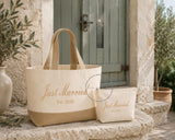 Just Married Beach Bag Set | Personalised Tote Bag, Makeup Bag | Honeymoon Bag Gift | Mrs New Name | Est date/year | Bridal Wedding Gift
