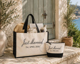Personalised Just Married Natural/Black Jute Bag • Mrs or Est Year Canvas Make Up Bag • Custom Mrs Name • Honeymoon Travel Bag •Wedding Gift