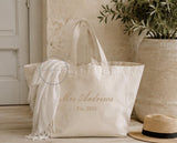 Personalised Bridal Beach Bag | Mrs Tote Bag | Biscuit Stripe Oversized Wedding Tote | Honeymoon Bag | Bride Gift | Bridesmaid Beach Bag