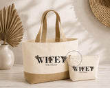 Personalised Bride Tote Bag & Makeup Bag Set | Wifey Jute Beach Bag | Honeymoon Travel Bag | Mrs Wedding Gift | Bridal Shower | Hen Weekend