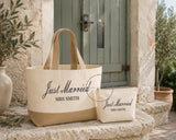 Just Married Beach Bag Set | Personalised Tote Bag, Makeup Bag | Honeymoon Bag Gift | Mrs New Name | Est date/year | Bridal Wedding Gift