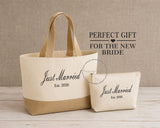 Just Married Beach Bag Set | Personalised Tote Bag, Makeup Bag | Honeymoon Bag Gift | Mrs New Name | Est date/year | Bridal Wedding Gift