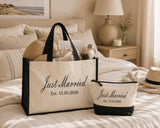 Personalised Just Married Natural/Black Jute Bag • Mrs or Est Year Canvas Make Up Bag • Custom Mrs Name • Honeymoon Travel Bag •Wedding Gift