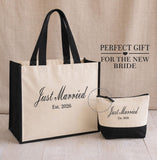 Personalised Just Married Natural/Black Jute Bag • Mrs or Est Year Canvas Make Up Bag • Custom Mrs Name • Honeymoon Travel Bag •Wedding Gift