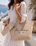Personalised Beige Stripe Tote Bag & Pouch | New Mrs Wedding Bag | Bride or Wifey Gift | Initials Beach Bag | Honeymoon Travel Tote | Hen Do