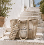 Personalised Beige Stripe Tote Bag & Pouch | New Mrs Wedding Bag | Bride or Wifey Gift | Initials Beach Bag | Honeymoon Travel Tote | Hen Do