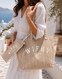 Personalised Beige Stripe Tote Bag & Make Up Pouch | Wedding Bag | Bride or Wifey Gift | Beach Bag | Honeymoon Travel Tote | Hen Do Gift