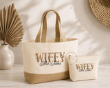 Personalised Wifey Bag & Makeup Bag Set, Newlywed Gift for Her, Honeymoon Tote Bag, Wedding Gift, Personalised Bridal Bag MRS, BRIDE, WIFEY