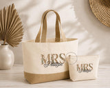 Personalised Bride Bag & Makeup Bag, Bridal Tote Bag Set, Bride to Be Gift, Wedding Morning Bag, Hen Party Honeymoon Gift MRS, BRIDE, WIFEY