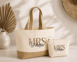 Personalised Mrs Wedding Bag & Makeup Bag Set, New Mrs Bride Gift, Bridal Tote Bag, Honeymoon Hen Party Bag, Wedding Gift MRS, BRIDE, WIFEY
