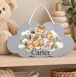 Personalised Wooden Cloud Sign, Safari Jungle Nursery Sign, Baby Name Plaque, Kids Bedroom Door Sign, New Baby Gift, Nursery Decor Toddler