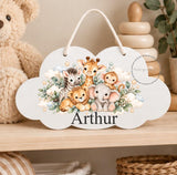 Personalised Wooden Cloud Sign, Safari Jungle Nursery Sign, Baby Name Plaque, Kids Bedroom Door Sign, New Baby Gift, Nursery Decor Toddler