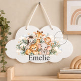 Personalised Wooden Cloud Sign, Safari Jungle Nursery Sign, Baby Name Plaque, Kids Bedroom Door Sign, New Baby Gift, Nursery Decor Toddler