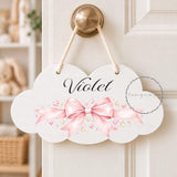 Personalised Wooden Cloud Sign, Pink Bow, Stars Nursery Sign, Baby Name Plaque, Kids Bedroom Door Sign, New Baby Gift, Nursery Decor Toddler
