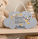 Personalised Wooden Cloud Sign, Space Astronaut Nursery Sign, Baby Name Plaque, Kids Bedroom Door Sign, New Baby Gift, Nursery Decor Toddler