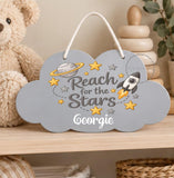 Personalised Wooden Cloud Sign, Space Astronaut Nursery Sign, Baby Name Plaque, Kids Bedroom Door Sign, New Baby Gift, Nursery Decor Toddler