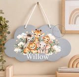 Personalised Wooden Cloud Sign, Safari Jungle Nursery Sign, Baby Name Plaque, Kids Bedroom Door Sign, New Baby Gift, Nursery Decor Toddler