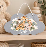 Personalised Wooden Cloud Sign, Safari Jungle Nursery Sign, Baby Name Plaque, Kids Bedroom Door Sign, New Baby Gift, Nursery Decor Toddler