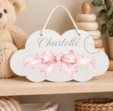Personalised Wooden Cloud Sign, Pink Bow, Stars Nursery Sign, Baby Name Plaque, Kids Bedroom Door Sign, New Baby Gift, Nursery Decor Toddler