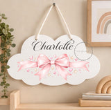 Personalised Wooden Cloud Sign, Pink Bow, Stars Nursery Sign, Baby Name Plaque, Kids Bedroom Door Sign, New Baby Gift, Nursery Decor Toddler